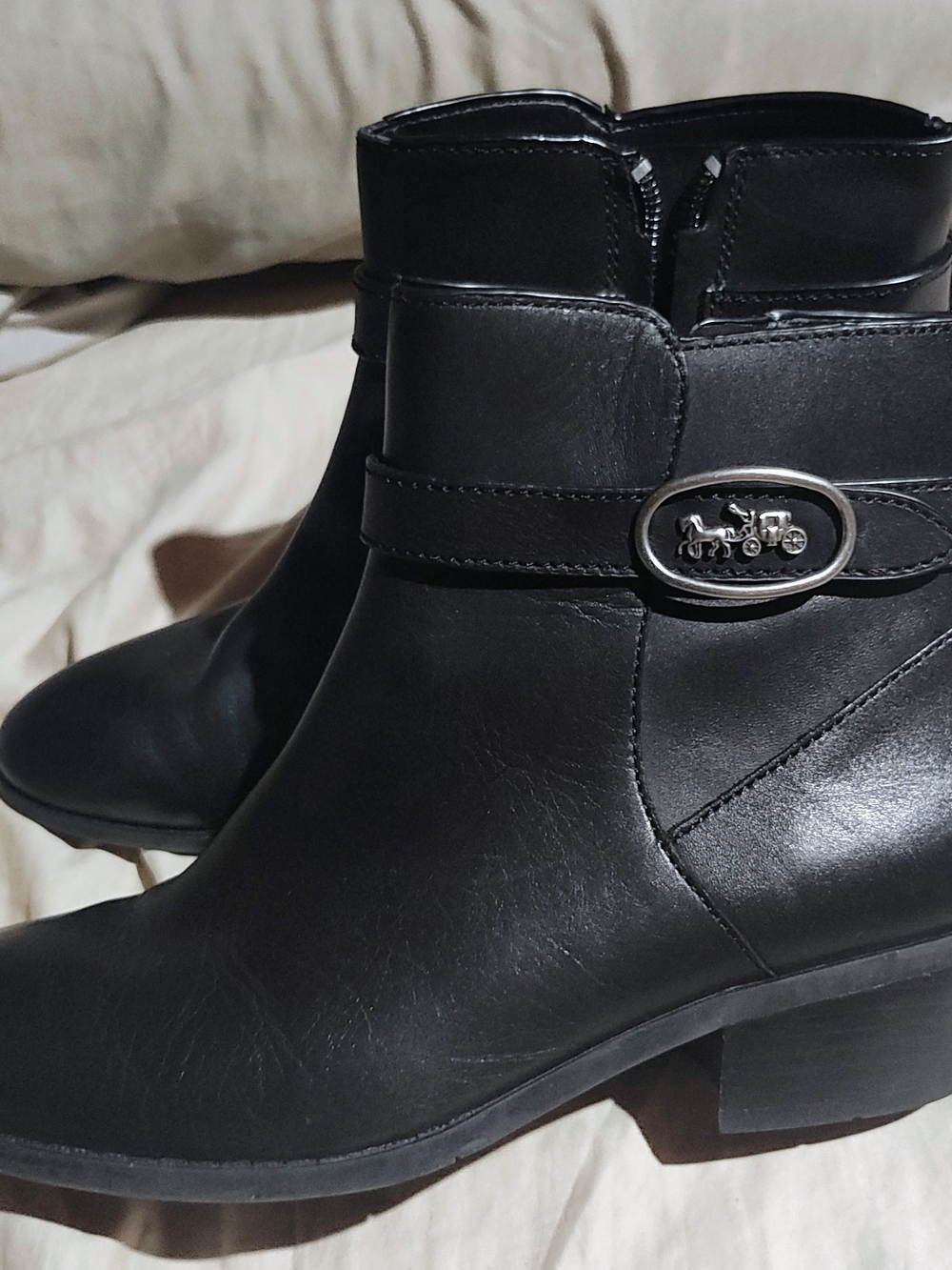 Women's Coach Dylan Black Leather Ankle Boots with Signature Accent - Picture 1 of 4